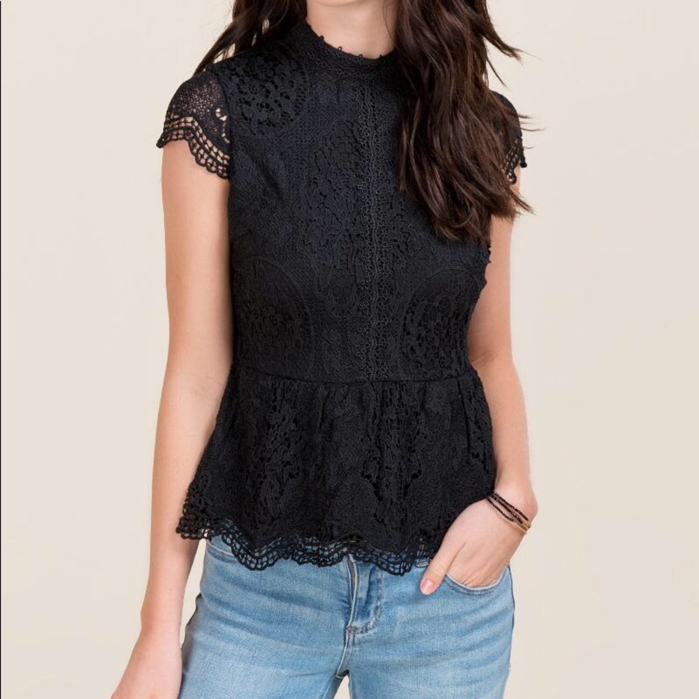 Francesca’s Mock Neck Lace Peplum Top